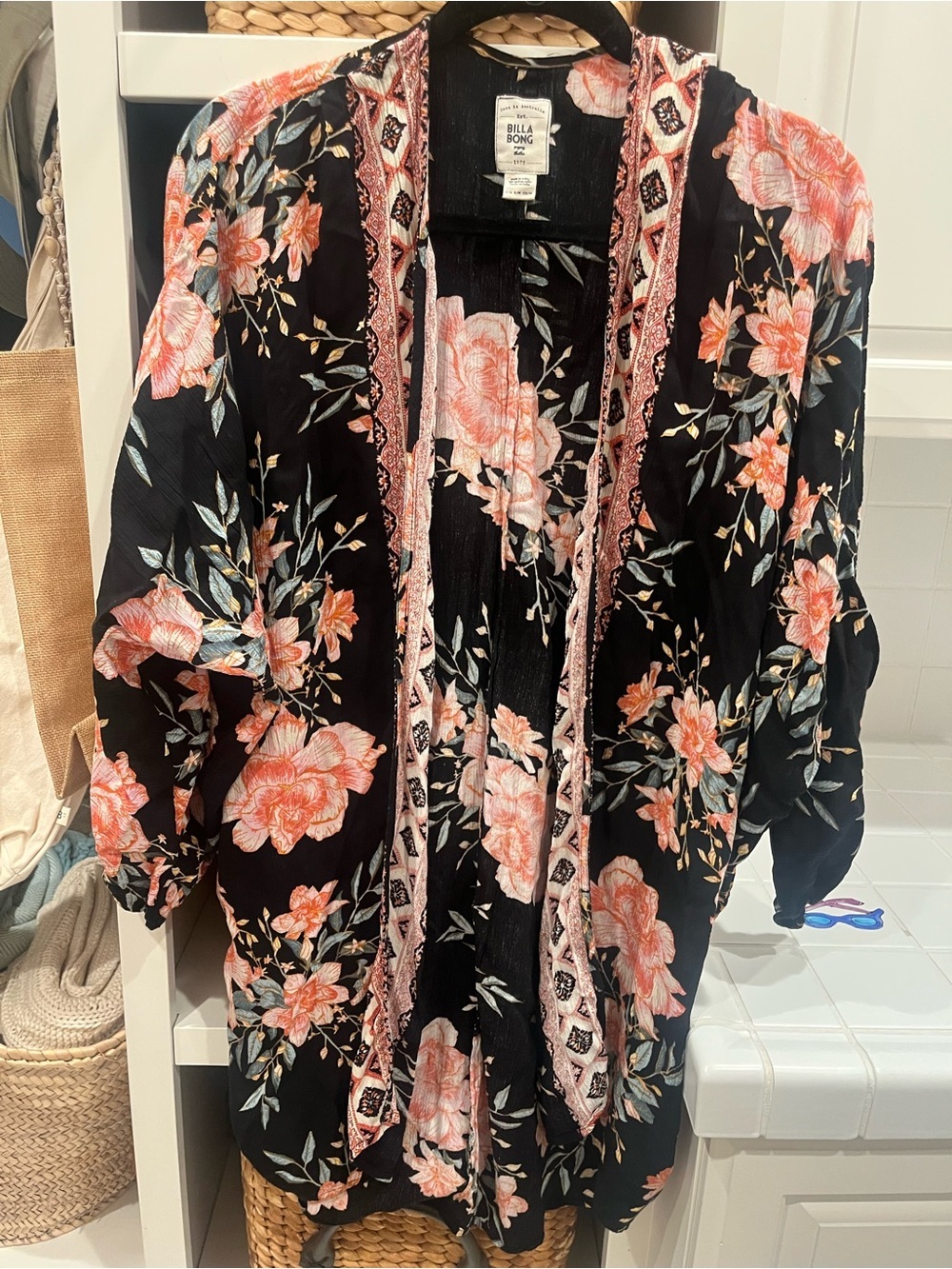 Billabong Black Floral Open Kimono with Coral Accents